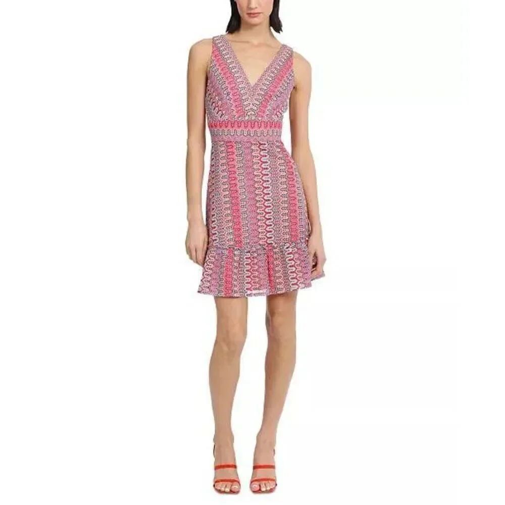 Donna Morgan Multicolor Textured Knit Sleeveless Dress Women’s 12 V-Neck Ruffle